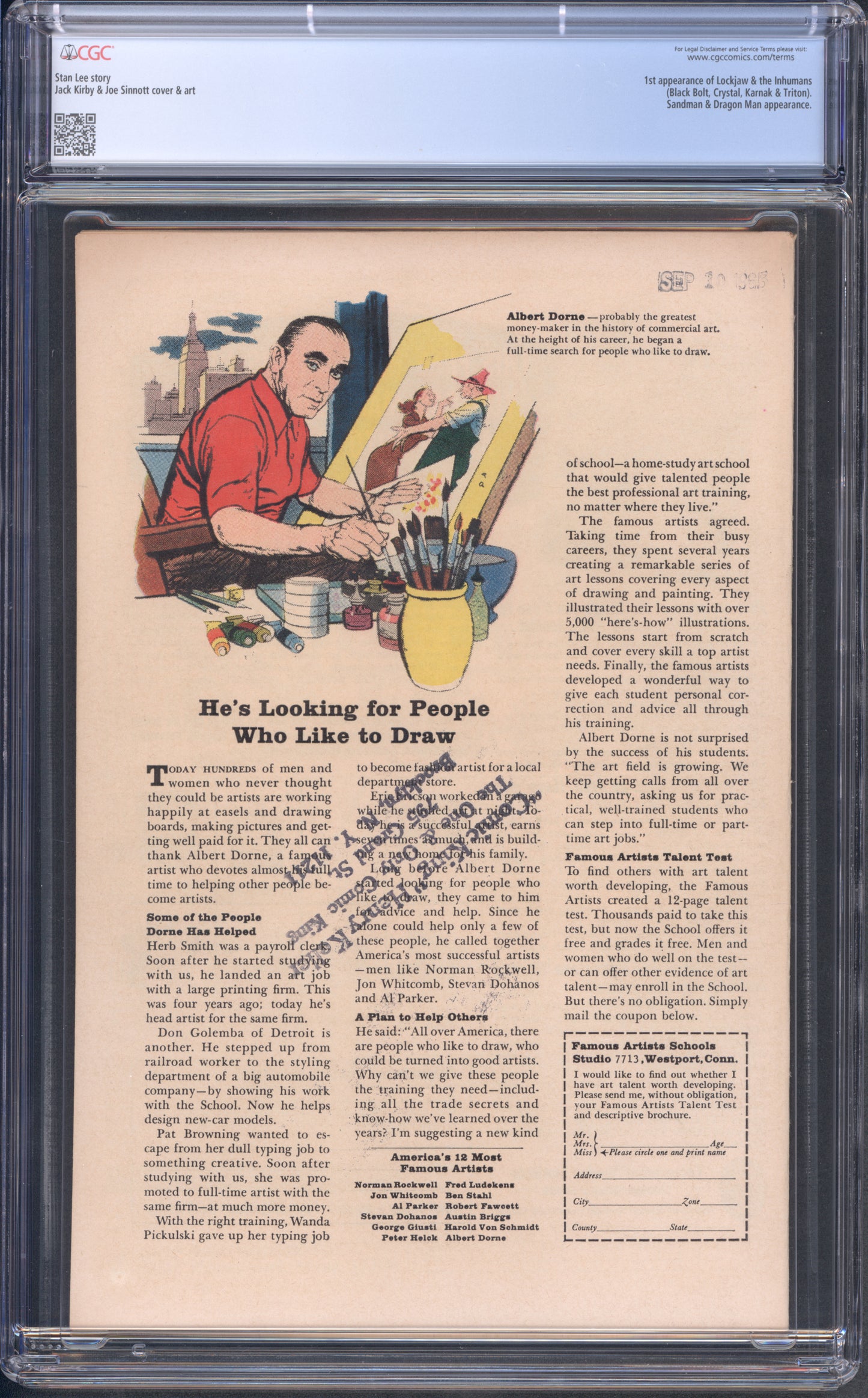 Fantastic Four #45 / CGC 8 / 1st appearance of Lockjaw & the Inhumans (Black Bolt, Crystal, Karnak & Triton); Sandman & Dragon Man appearance - Back Cover
