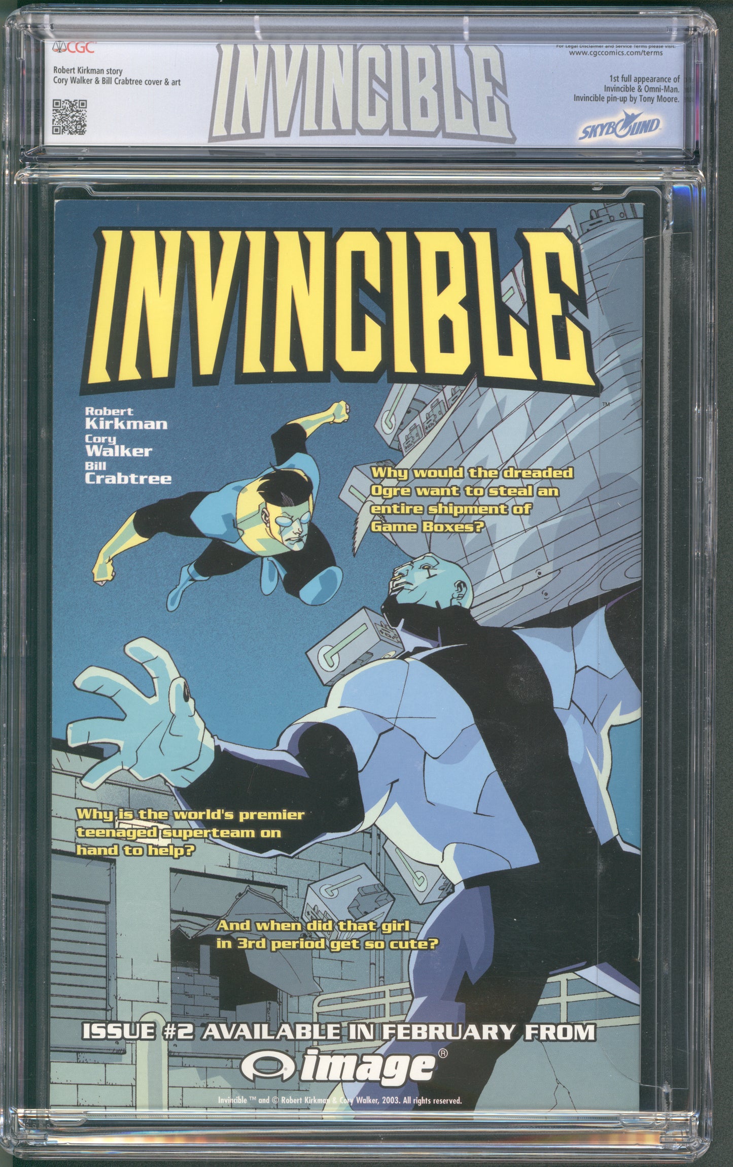 Invincible #1 / CGC 9.8 / 1st full appearance of Invincible & Omni-Man. Invincible pin-up by Tony Moore. - Back Cover