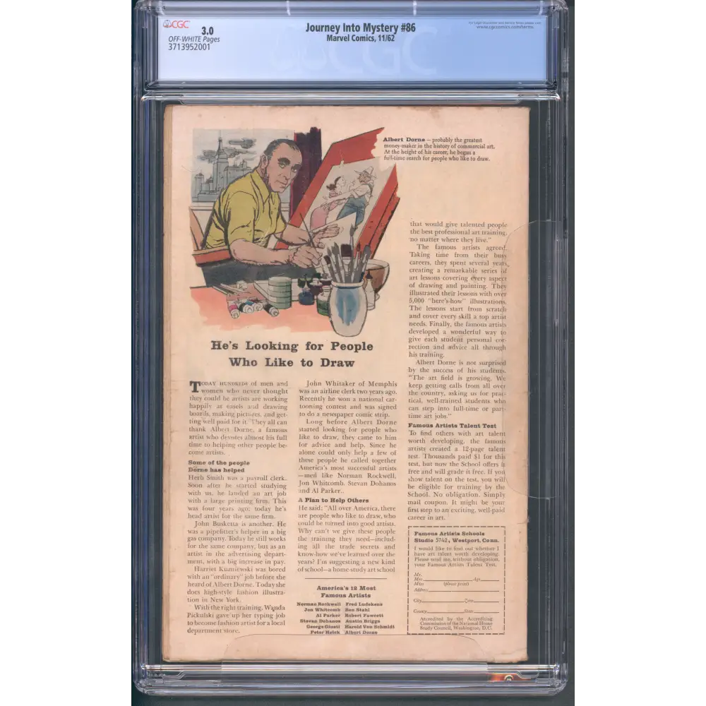 Journey Into Mystery #86 / CGC 3 / 1st appearance of Zarrko, the Tomorrow Man. 2nd appearance of Odin. - Back Cover