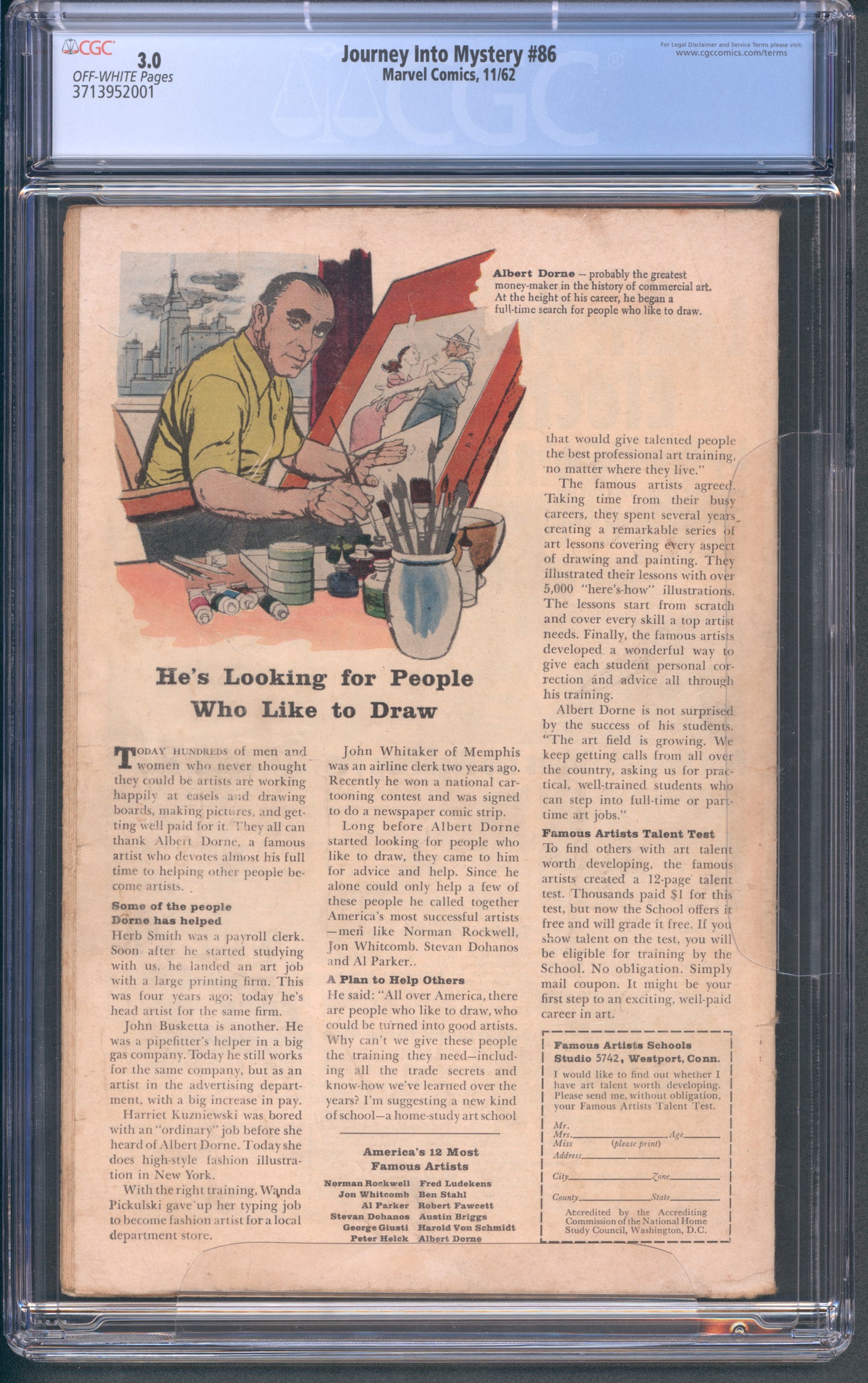 Journey Into Mystery #86 / CGC 3 / 1st appearance of Zarrko, the Tomorrow Man. 2nd appearance of Odin. - Back Cover