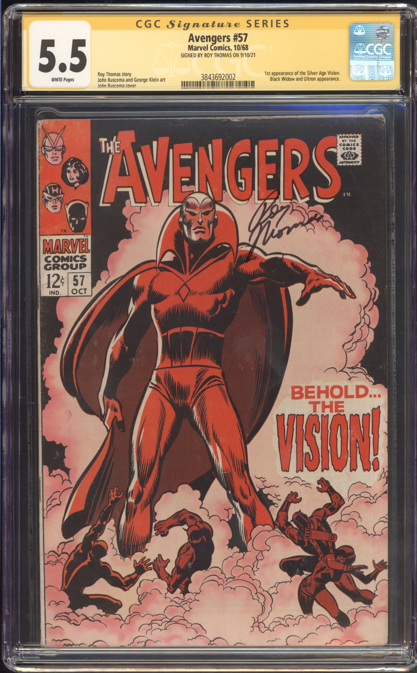 Avengers #57 CGC 5.5 / 1st Vision / Roy Thomas Sig / White Pages
