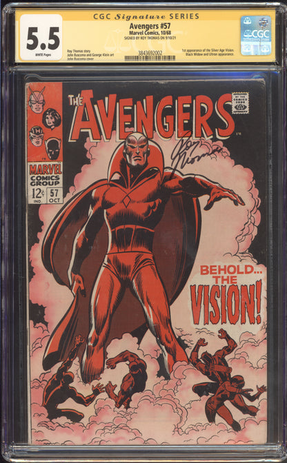 Avengers #57 CGC 5.5 / 1st Vision / Roy Thomas Sig / White Pages