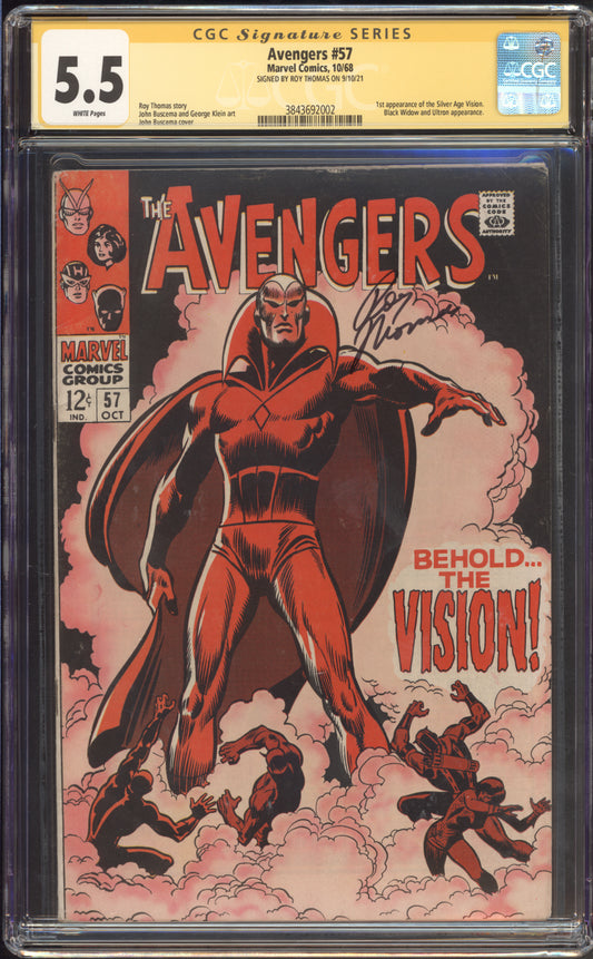 Avengers #57 CGC 5.5 / 1st Vision / Roy Thomas Sig / White Pages