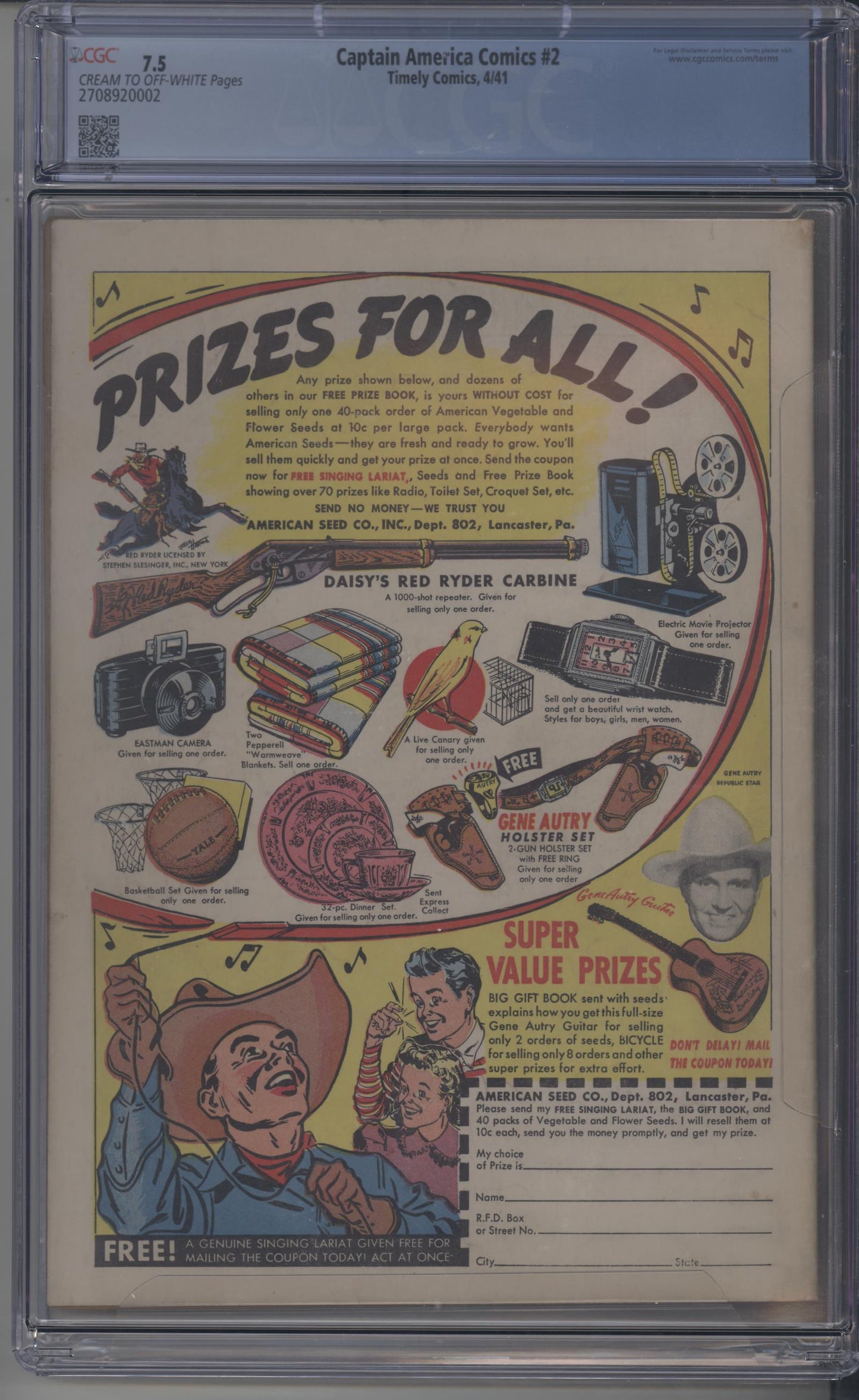 Captain America Comics #2 / CGC 7.5  / Iconic Hitler Cover - 2nd Cap - Rare!