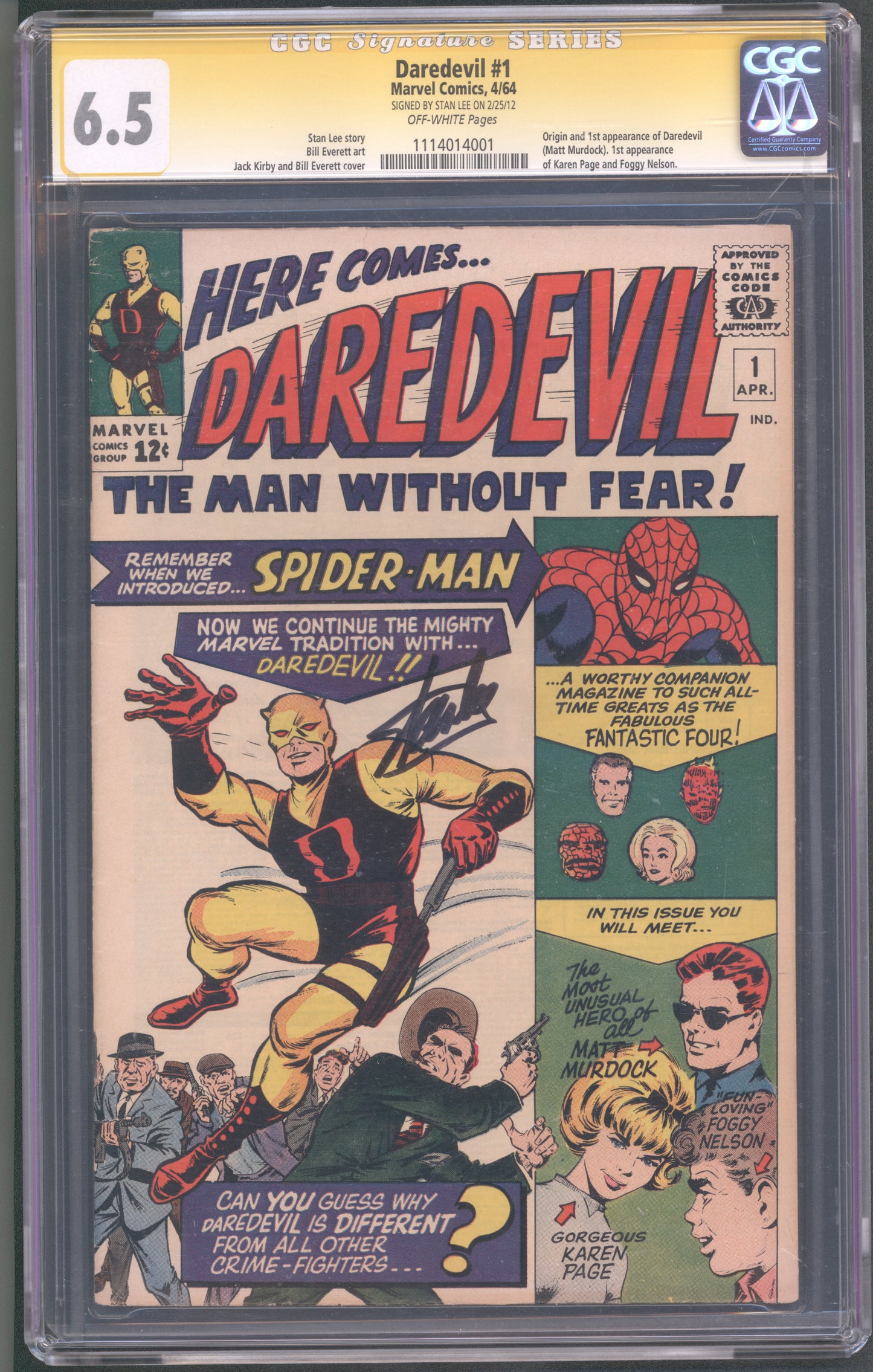Daredevil #1 CGC 6.5 / Signature Series Stan Lee / First Daredevil
