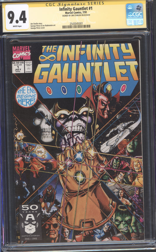 Infinity Gauntlet #1 / CGC 9.4 / Signature Series Jim Starlin / White Pages