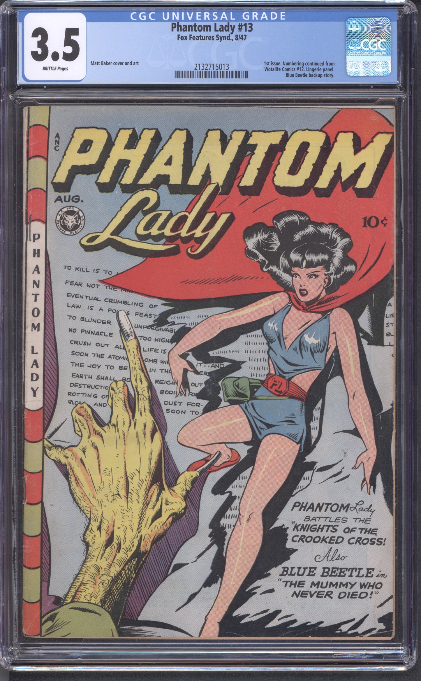 Phantom Lady #13 / CGC 3.5 / Matt Baker Art / 1st Phantom Lady Issue