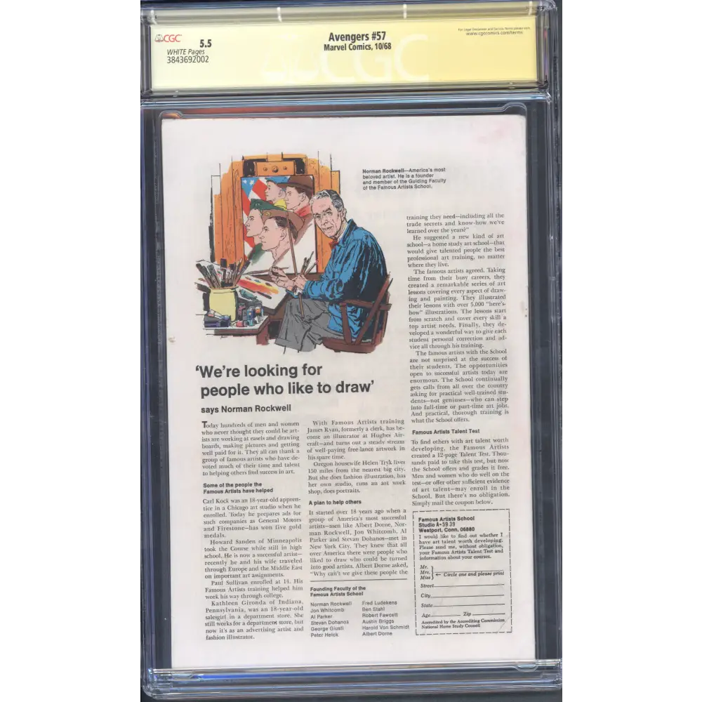 Avengers #57 CGC 5.5 / 1st Vision / Roy Thomas Sig / White Pages