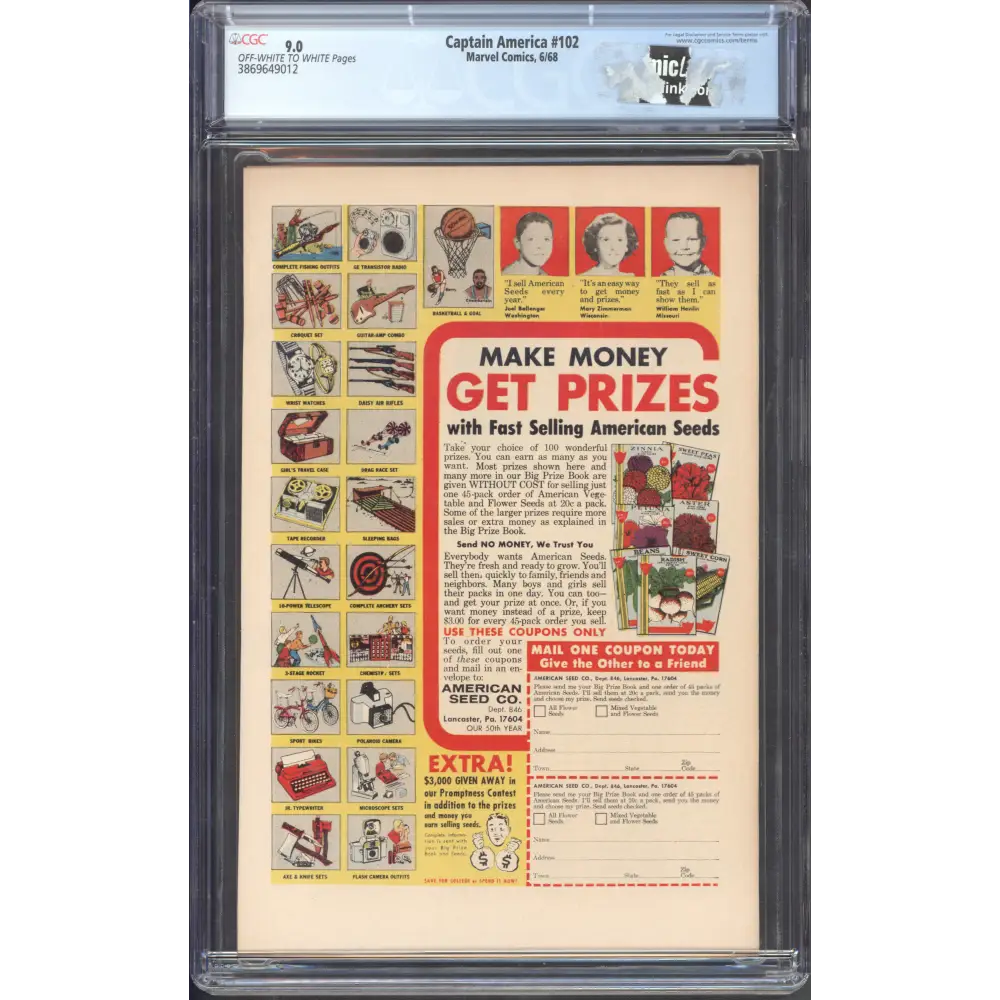 Captain America #102 / CGC 9 / Red Skull and Sleeper appearance. Letter from Doug Moench. - Back Cover