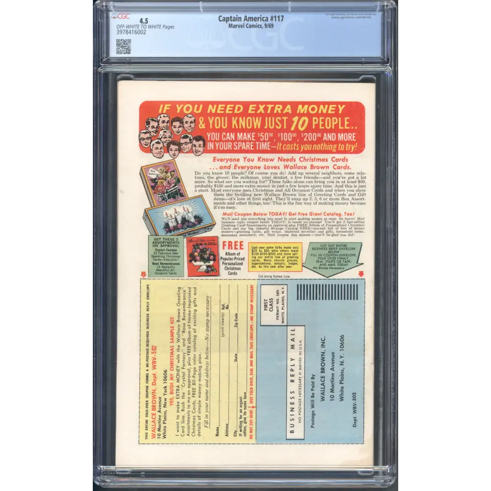Captain America #117 / CGC 4.5 / Origin and 1st appearance of the Falcon (Sam Wilson) and Redwing. Red Skull appearance. M.O.D.O.K. cameo. - Back Cover