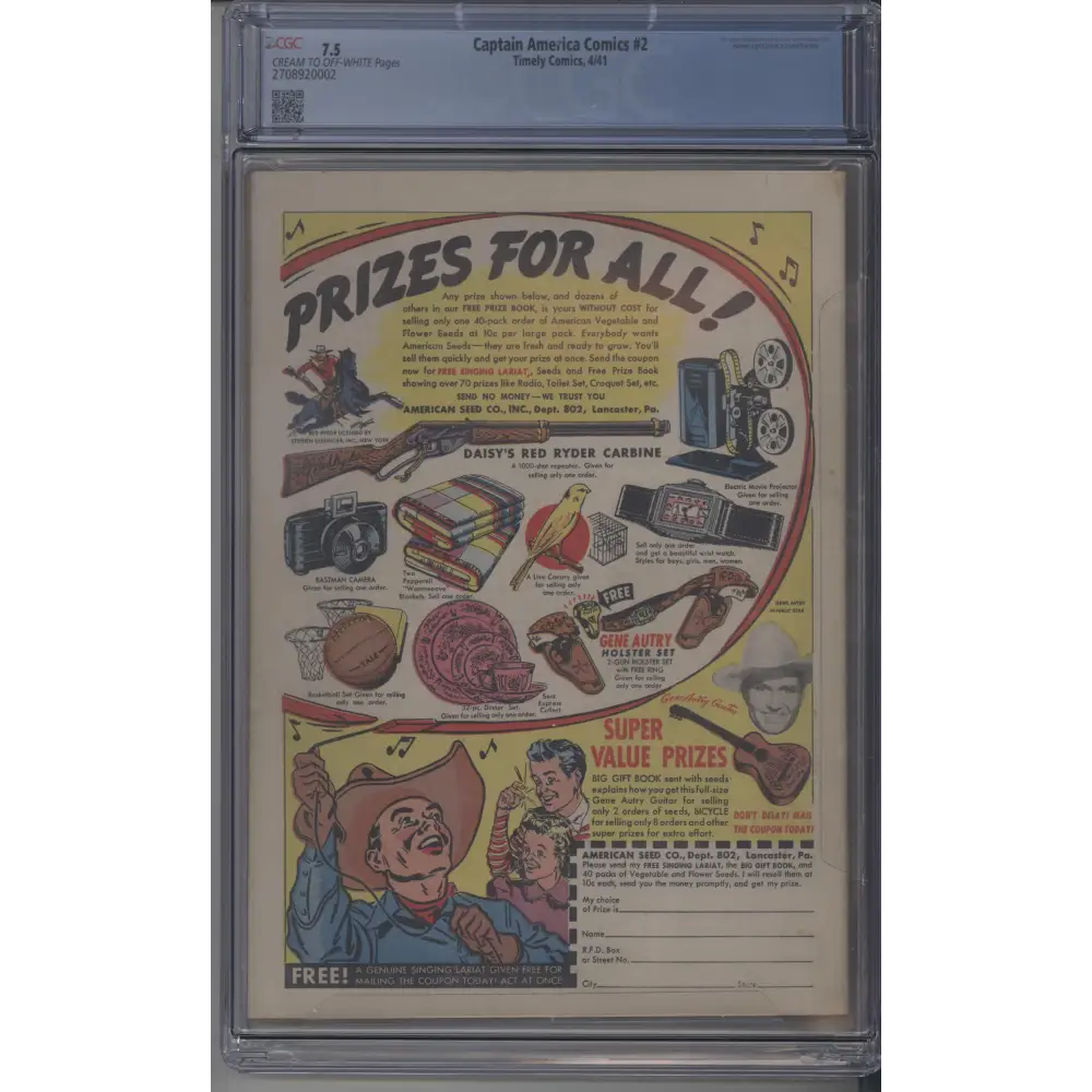Captain America Comics #2 / CGC 7.5 / Iconic Hitler Cover - 2nd Cap - Rare!