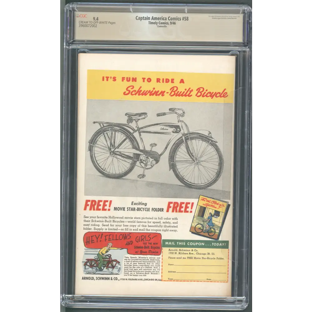 Captain America Comics #58 / Cookeville Pedigree / NM CGC 9.4!!!