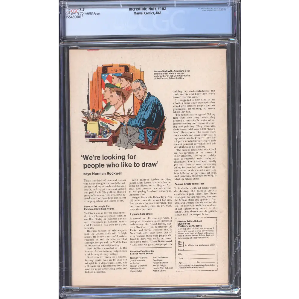 Incredible Hulk #102 /CGC 7.5 / Continuation from TTA #101 / Origin Retold